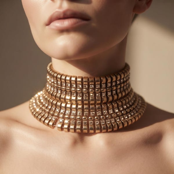 Gold Rhinestone Choker Necklace for Women, Wide Crystal Collar, Vintage Glam Statement Jewelry, Bib-style Choker Necklace, Gift for her