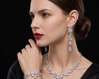 Conjunto de joyas nupciales con diseño de hojas de cristal transparente, collar, pulsera y pendientes, regalo elegante para la novia.