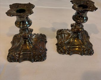 Vintage Coronet Silver Plate Candlesticks Pair, Ornate Rococo Scroll Work Square Base Candle Holders, Mid Century E.P. Lead Heavy Candlestic