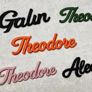 May include: A collection of embroidered name patches featuring cursive lettering. The patches include the names Galin in black, Theodore in dark green, Theodore in orange, Theodore in light pink, and Alex in black, all with raised stitching.