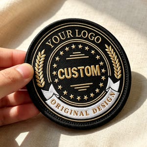 以下が含まれることがあります： 黒い円形の刺繍ワッペン。金色の糸で「YOUR LOGO」と「CUSTOM」の文字が刺繍され、白い糸で「ORIGINAL DESIGN」と書かれたリボンがあしらわれています。金色の麦の穂、星、水平線がデザインされています。