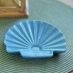 Vintage Blue Ceramic Seashell Dish: Coastal Decor Trinket Dish