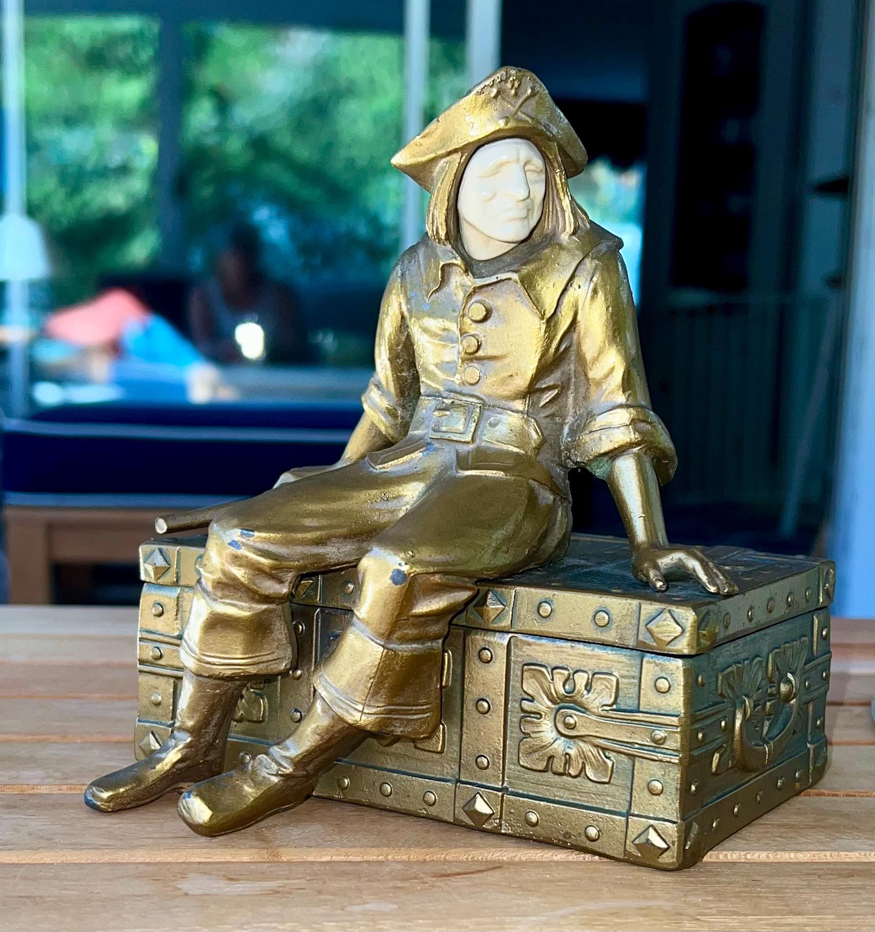Vintage J.B. Hirsch Pirate on Treasure Chest Trinket Box Art Deco
