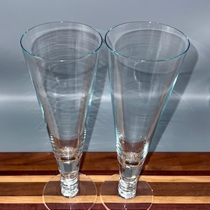 Vintage Handblown Pilsner Glasses with Unique Horizontal Ribbed Stems | Set of 2