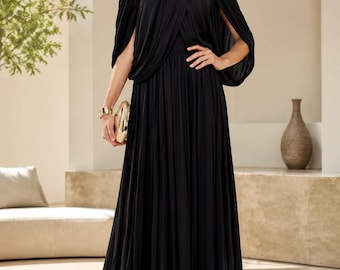 Chiffon Pleated Maxi Dress for Women, Flutter Sleeve High Neck Evening Gown, Elegant Wedding Guest Dress, Formal Party Dress