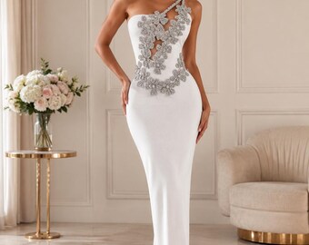 White One Shoulder Rhinestone Mini Dress for Women, Backless Bandage Cocktail Dress, Bridal Shower Birthday Party Outfit