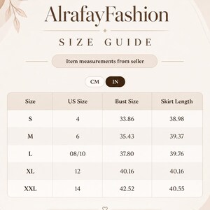 May include: A beige AlrafayFashion size guide chart featuring a table with columns for size, US size, bust size in inches, and skirt length in inches. The chart includes rows for sizes S through XXL and displays measurements in inches.