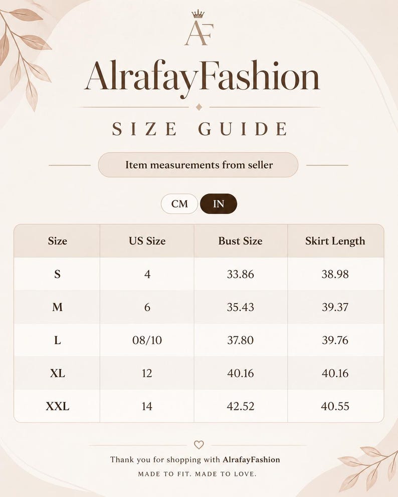 May include: A beige AlrafayFashion size guide chart featuring a table with columns for size, US size, bust size in inches, and skirt length in inches. The chart includes rows for sizes S through XXL and displays measurements in inches.