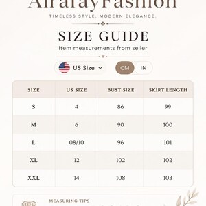 May include: A size guide chart for AlrafayFashion featuring a table with columns for size, US size, bust size, and skirt length. The chart displays measurements in centimeters for sizes S through XXL, ranging from 86 to 108 cm for bust and 99 to 103 cm for skirt length.