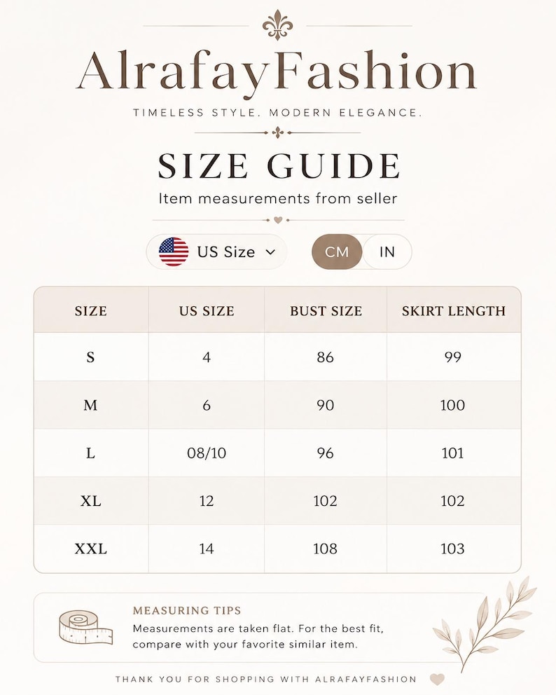 May include: A size guide chart for AlrafayFashion featuring a table with columns for size, US size, bust size, and skirt length. The chart displays measurements in centimeters for sizes S through XXL, ranging from 86 to 108 cm for bust and 99 to 103 cm for skirt length.