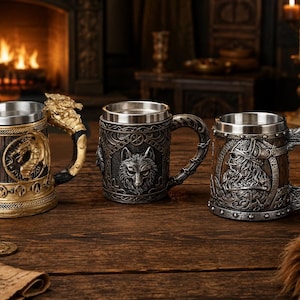 May include: Three cylindrical mugs with metallic interiors and detailed exterior relief designs. The left mug features a gold dragon, the center mug displays a silver wolf head, and the right mug depicts a silver warrior figure with a horned helmet.