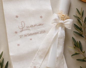 Regalo de bautizo personalizado | Toalla, vela y concha para bautizo | Set de lino para bautizo | Hecho a mano en Portugal