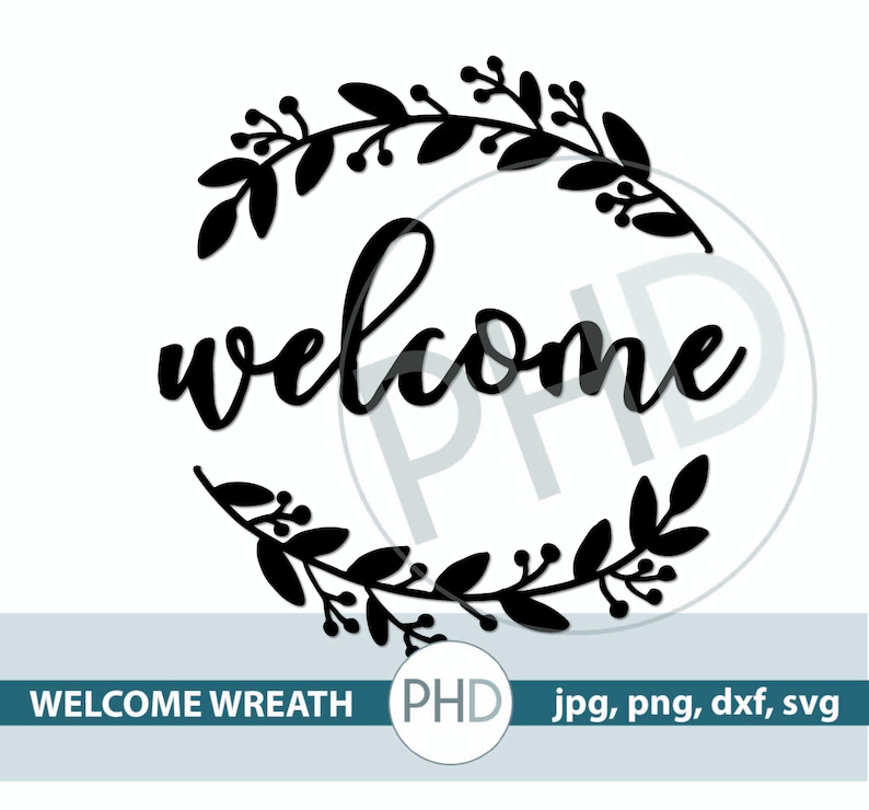 May include: Black and white silhouette of a welcome wreath with a leafy design and the word "welcome" in a script font.