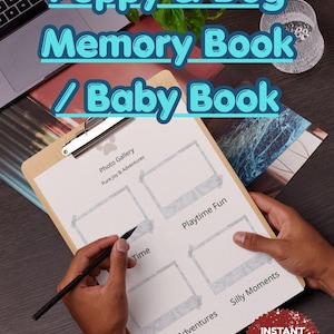 Può includere: Una pagina stampabile di Puppy & Dog Memory Book / Baby Book su una cartellina con quattro cornici rettangolari per foto, etichettate Photo Gallery, Pure Joy & Adventures, Playtime Fun, Outdoor Adventures e Silly Moments, con una matita nera.