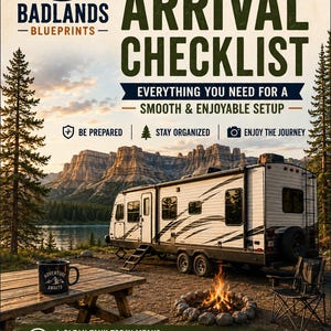 May include: A digital poster titled Ultimate RV Arrival Checklist by Badlands Blueprints. It features a white travel trailer parked by a lake with mountains, a picnic table with an Adventure Awaits mug, and a campfire. Text includes setup tips.