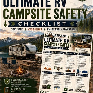 May include: A digital informational poster titled Badlands Blueprints Ultimate RV Campsite Safety Checklist. The document features eight safety categories including arrival, site setup, fire safety, utility, wildlife, weather, personal safety, and departure.