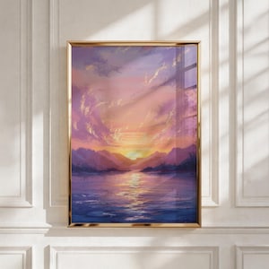 Peut inclure: Une impression d'art mural encadrée représentant un paysage au coucher du soleil sur une étendue d'eau calme. Le ciel est rempli de nuages rose, violet et orange au-dessus de silhouettes de montagnes sombres. L'eau reflète les couleurs du ciel.