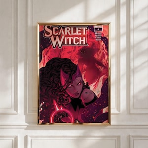 Op de afbeelding: Een ingelijste stripboekcover getiteld Scarlet Witch nummer 4, met een donkerharig personage met een rode hoofdtooi en gloeiende rode ogen, omringd door wervelende rode energie en schaduwen, in een dunne goudkleurige metalen lijst.