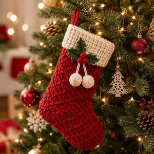 Puede incluir: Un calcetín navideño de ganchillo rojo con un patrón de diamantes texturizado, un puño acanalado grueso de color crema y un aplique decorativo de hojas de acebo verdes con tres bayas rojas y dos pequeños pompones color crema.