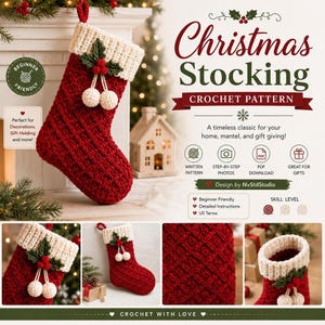 Puede incluir: Un patrón de ganchillo para calcetín navideño en rojo y blanco con punto de diamante texturizado, puño color crema y adorno de acebo. El documento incluye texto para descarga en PDF, instrucciones escritas y fotos paso a paso.