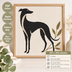 May include: A cross-stitch pattern featuring a black greyhound silhouette with a cream-colored chest and underbelly, accented by olive green leaves. The design includes text indicating 187 x 200 stitches, 4 colors, and dimensions for 14, 16, and 18-count Aida fabric.