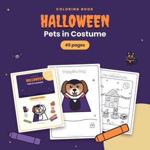 Puede incluir: Un libro para colorear de Halloween titulado Pets in Costume con 45 páginas. La portada muestra un perro con disfraz de vampiro. Las páginas interiores muestran un perro vampiro y una escena de fiesta con una casa, un gato, un conejo y una calabaza.