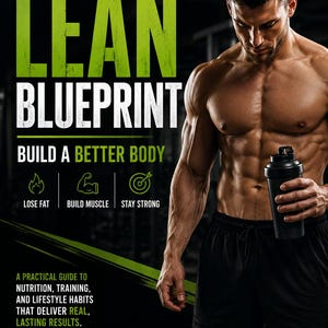 Könnte beinhalten: Ein digitales Plakat mit dem Titel THE LEAN BLUEPRINT BUILD A BETTER BODY, das eine muskulöse Person mit einem schwarzen Shaker zeigt. Der Text enthält LOSE FAT, BUILD MUSCLE, STAY STRONG und einen Leitfaden zu Ernährung, Training und Lebensstil.