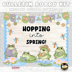 Puede incluir: Kit de tablón de anuncios digital con el texto "Bulletin Board Kit" y "Instant Digital Download". El diseño presenta ranas leyendo libros, libélulas y la frase "Hopping into Spring!" en una fuente lúdica. Incluye texto editable.