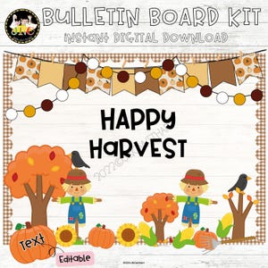 Puede incluir: Un kit de tablón de anuncios digital con el texto "HAPPY HARVEST" y gráficos de temática otoñal que incluyen espantapájaros, calabazas, girasoles, maíz, árboles con hojas naranjas y pájaros negros, con un borde a cuadros marrón.