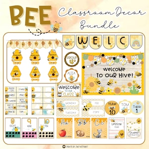Peut inclure: Un ensemble de décoration de classe sur le thème des abeilles. L'ensemble comprend des bannières, des étiquettes et des affiches avec des motifs d'abeilles et de nids d'abeilles. La palette de couleurs est jaune, blanc et marron. Le texte comprend "Bienvenue dans notre ruche !" et "Anniversaire".