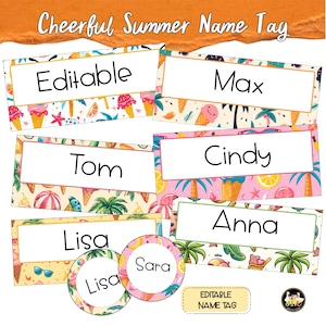 Op de afbeelding: Een verzameling kleurrijke zomerse naamlabels. Rechthoekige labels met namen als "Max", "Cindy" en "Anna", met achtergronden van ijsjes, palmbomen en strandelementen. Ronde labels met "Lisa" en "Sara".