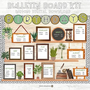 Könnte beinhalten: Ein digitales Pinnwand-Kit mit dem Wort "BIRTHDAYS" in Grün. Das Design umfasst gerahmte Monate mit Namen und Daten, Pflanzen und dekorative Elemente. Die Wörter "BULLETIN BOARD KIT" und "INSTANT DIGITAL DOWNLOAD" sind ebenfalls sichtbar.