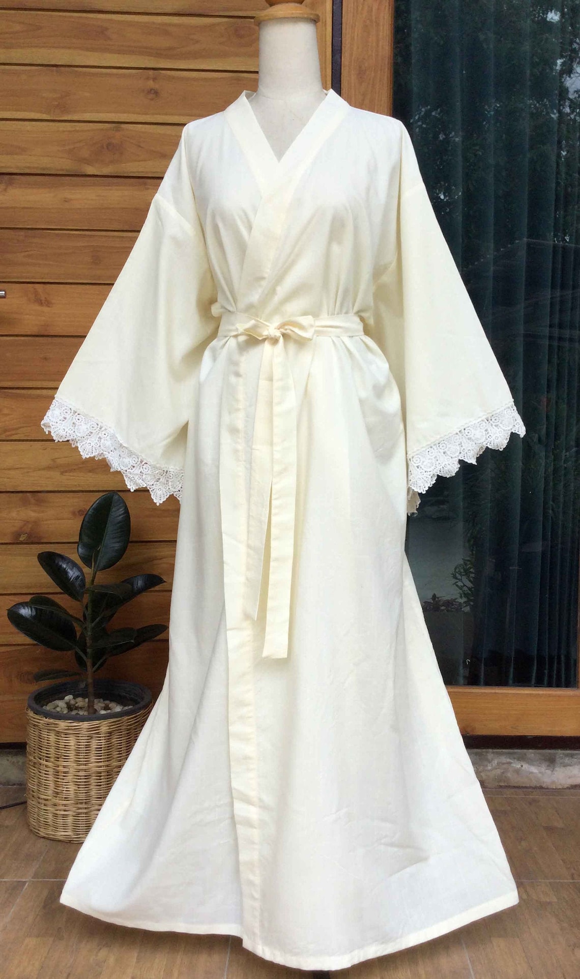 Cotton Light Yellow Kimono Robe Long Ladies Dressing Gown with Etsy