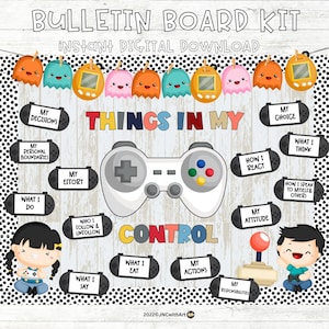 May include: A digital bulletin board kit with the text "Bulletin Board Kit" and "Things in My Control." The design includes a video game controller, cute pumpkin-shaped characters, and text boxes with phrases like "My Decisions" and "What I Eat."