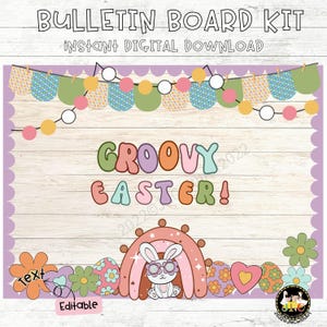以下が含まれることがあります： 「BULLETIN BOARD KIT」と「INSTANT DIGITAL DOWNLOAD」のテキストが入ったデジタル掲示板キット。サングラスをかけたウサギ、虹、イースターエッグで「GROOVY EASTER！」の文字をデザインしています。