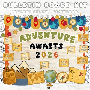Puede incluir: Kit de tablero de anuncios digital con temática de aventura. El diseño incluye pancartas, mapas, una brújula, un globo terráqueo y las palabras "Adventure Awaits 2026". La paleta de colores presenta tonos de marrón, verde, rojo y azul, con un fondo de madera.