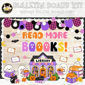 May include: A digital bulletin board kit featuring the text "READ MORE BOOOKS!" with ghost, pumpkin, and library illustrations. The design includes a banner with black and pink plaid flags, ghosts, and a garland of black, white, and purple spheres.