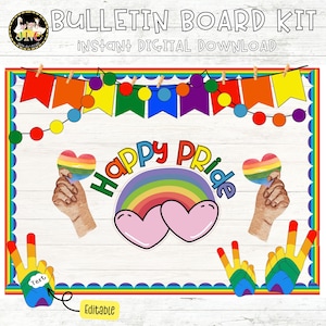 May include: A digital bulletin board kit with a rainbow theme. The design includes the text "Happy Pride" with a rainbow and two pink hearts. The image also features rainbow-coloured peace signs, hearts, and a banner with colourful flags.