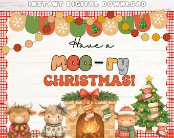 Puede incluir: Kit de tablón de anuncios digital con el texto "BULLETIN BOARD KIT" y "INSTANT DIGITAL DOWNLOAD". La imagen presenta un tema navideño con la frase "Have a Moo-ry Christmas!" e ilustraciones de vacas de las Tierras Altas, una chimenea y un árbol de Navidad.