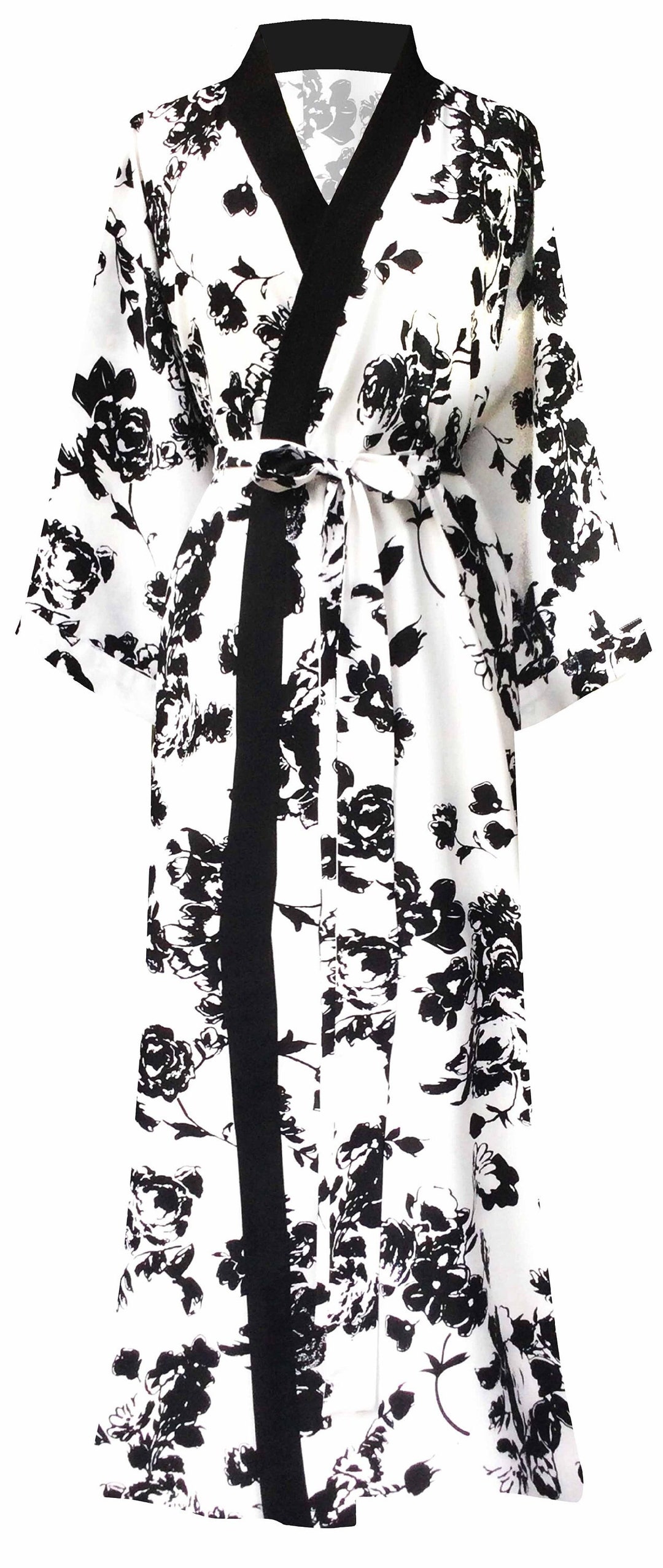 White Floral Long Kimono Robes Women's Kimono Robe and Blossoms Printed