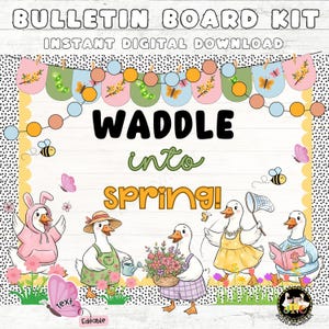 以下が含まれることがあります： 「Waddle into Spring!」のテキストが入ったデジタル掲示板キット。春の衣装を着た漫画のガチョウが特徴です。デザインには、蝶、花、装飾要素のあるバナーが含まれています。「Instant Digital Download」の文字も含まれています。