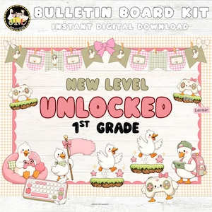 May include: A digital bulletin board kit with a gaming theme. The design features ducks, game controllers, and the text "New Level Unlocked 1st Grade." The colour scheme includes pink, green, and white elements.