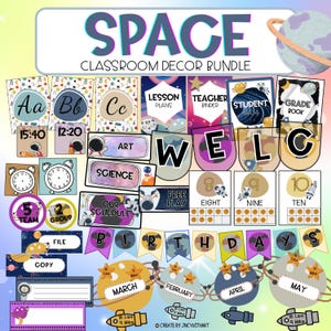 May include: A classroom decor bundle with a space theme. The design includes alphabet cards, lesson plan and teacher binder covers, welcome banner, number cards, birthday banner, and schedule cards. The color palette includes blue, purple, yellow, and white.