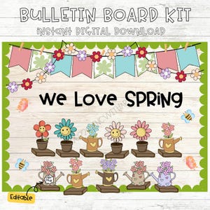 Könnte beinhalten: Digitales Pinnwand-Kit mit dem Text "Bulletin Board Kit" und "Instant Digital Download". Das Design zeigt den Text "We Love Spring", Blumen, Gießkannen, Schmetterlinge und Bienen. Der Hintergrund ist ein helles Holzmaserungsmuster.