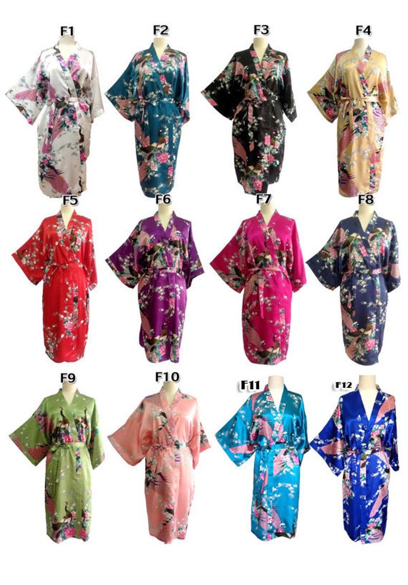 On Sale Set 6 Kimono Robes Bridesmaids Silk Satin Mix Color Paint Peacock Design Pattern Gift Wedding dress Party Free Size ship expedited