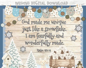 May include: A digital bulletin board kit with a winter theme. The design includes a wooden background with the text "God made me unique just like a snowflake. I am fearfully and wonderfully made." Decorative elements include snowflakes, trees, and a deer.