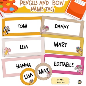 Back to School Nametag, Pencil and Bow Name Tags, Name Labels, Name Tags for Kid, Classroom Labels, Printable, Editable