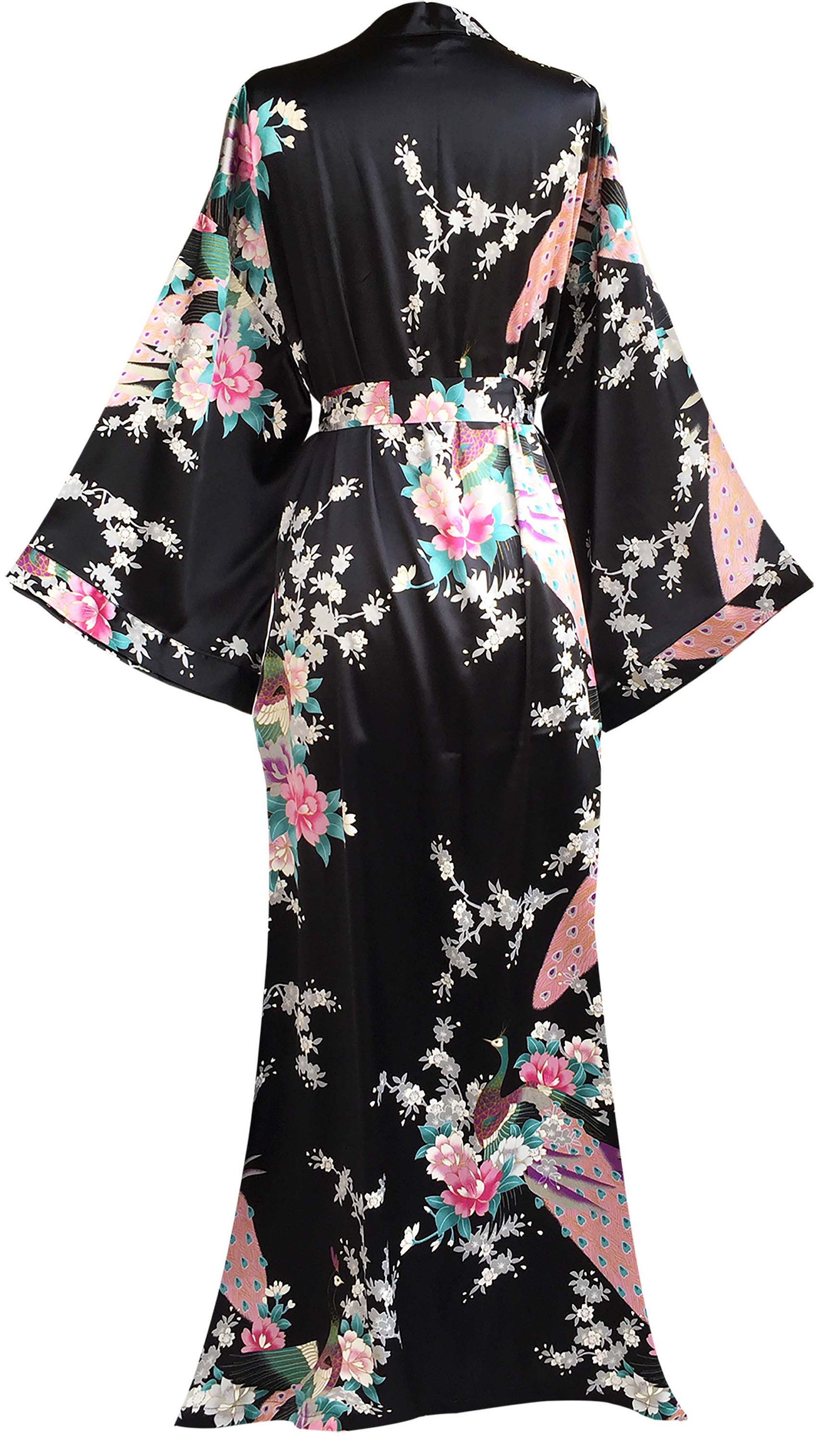 Long Robes Black Peacock Women's Kimono Robe and Blossoms Etsy