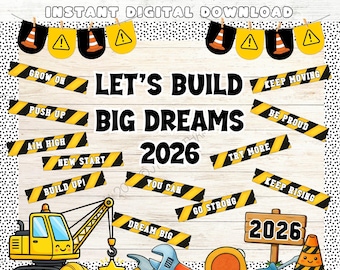 Construction New Year 2026 Bulletin Board Kit | Build Theme Classroom Decor | Growth Mindset Posters