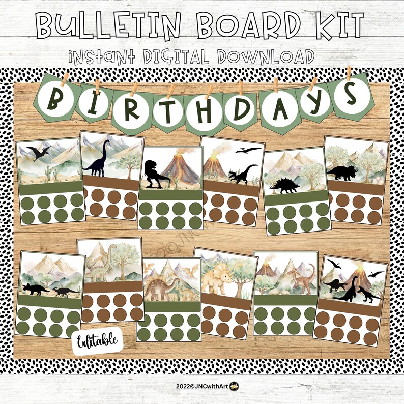 Birthday Bulletin Board Kit Birthday Chart Dinosaur Themed | Editable ...